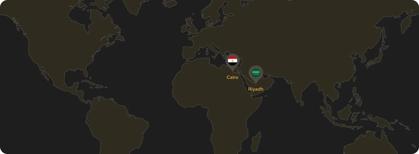 World map with Riyadh and Cairo office markers